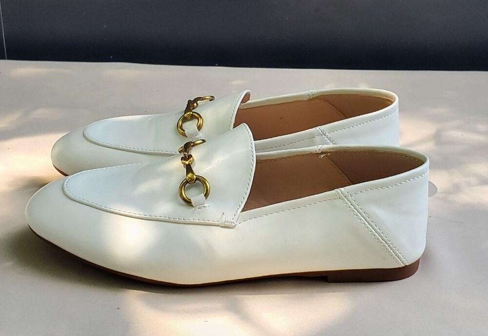CiCi-Cherry Womens Loafers Flats US 6.5 White Gold Buckle Slip On Casual Shoes
